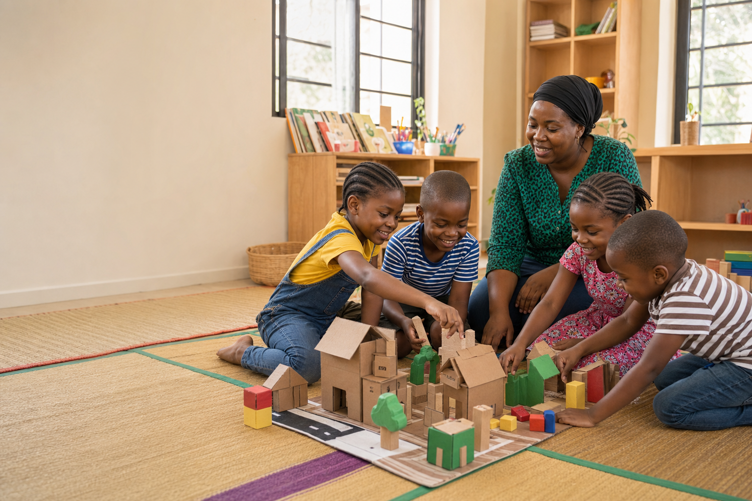Nigerian children building a cardboard village together on floor mats while an adult facilitator supervises in a bright learning room.