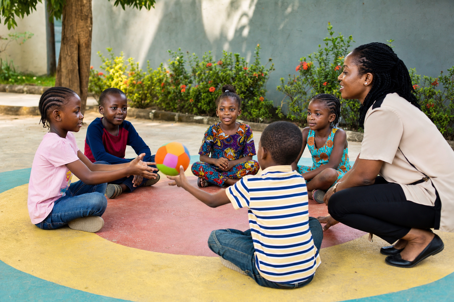Nigerian children taking turns in a supervised cooperative ball game in a shaded courtyard.