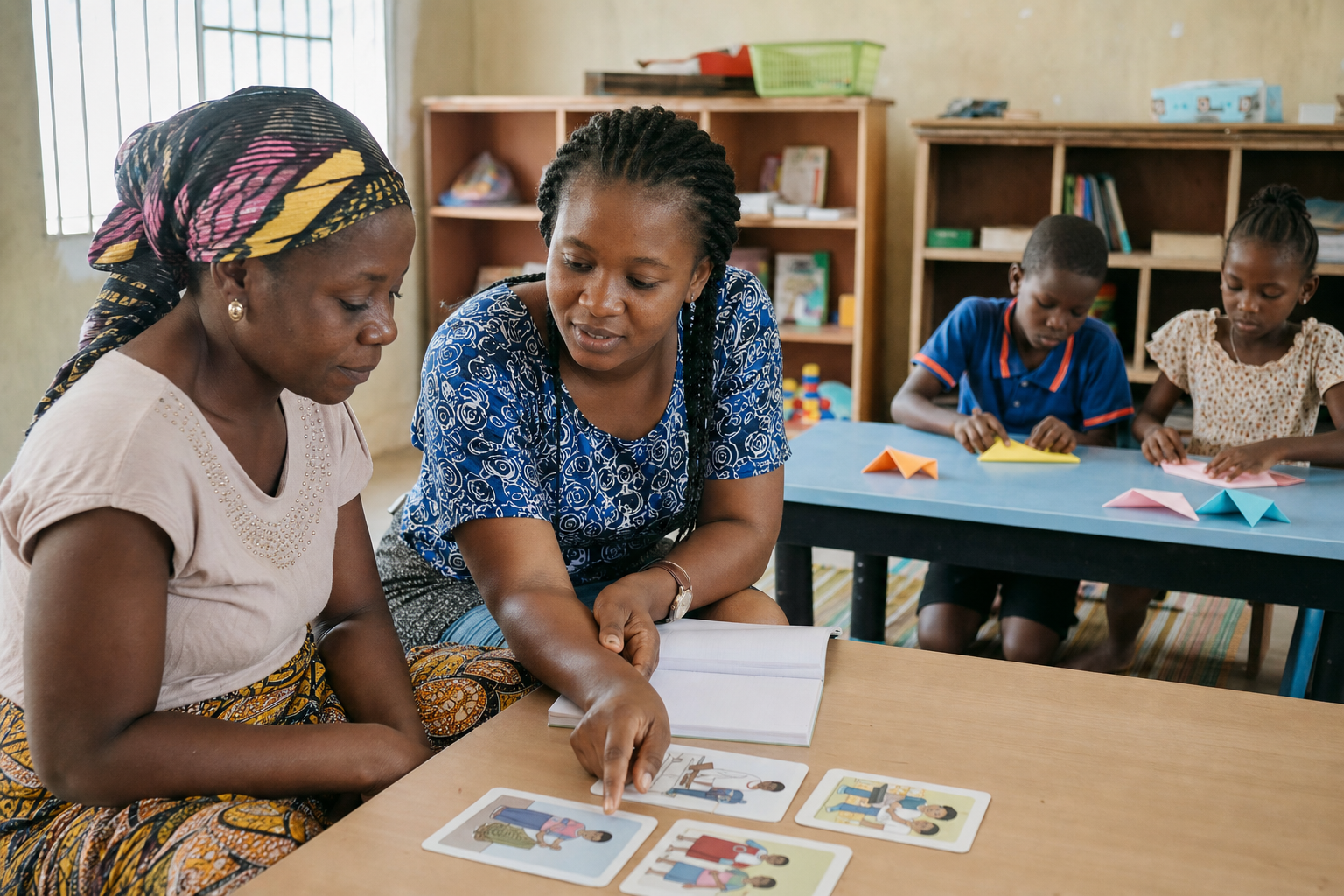 A Nigerian caregiver and facilitator reviewing illustrated routine cards while children make paper shapes nearby.