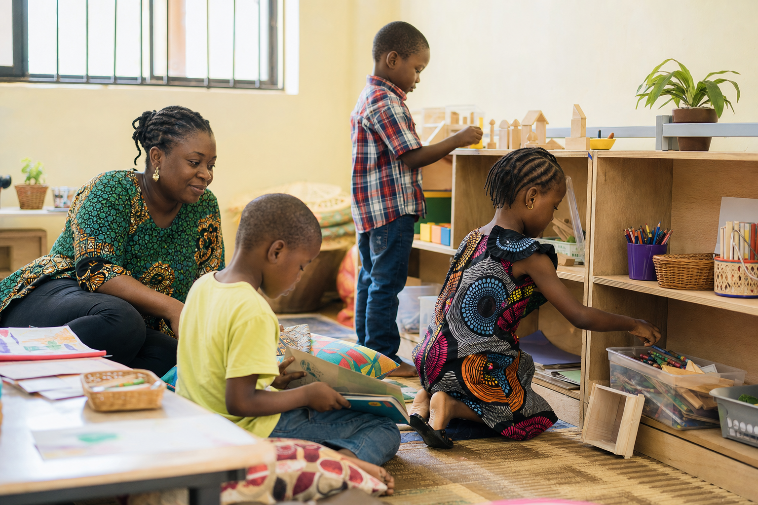 Nigerian children choosing books and creative materials with an attentive adult in a child-friendly activity room.