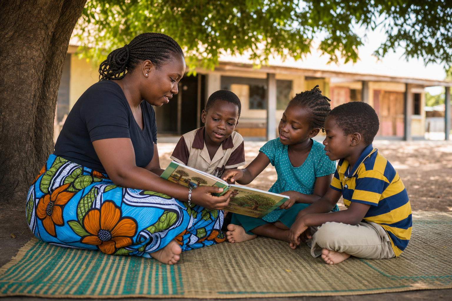 Nigerian children and a caregiver sharing a calm storytelling activity beneath a shaded tree.